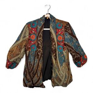 ANU Green Paisley Tapestry Boho Artwear Embroidered Open Jacket Small